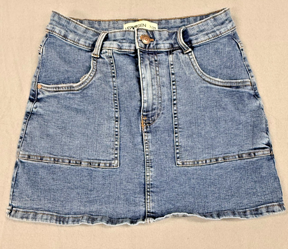 Lovegen Mini Skirt Women 7/29 Blue Denim Medium Wash Stretch Pockets Utility Y2K